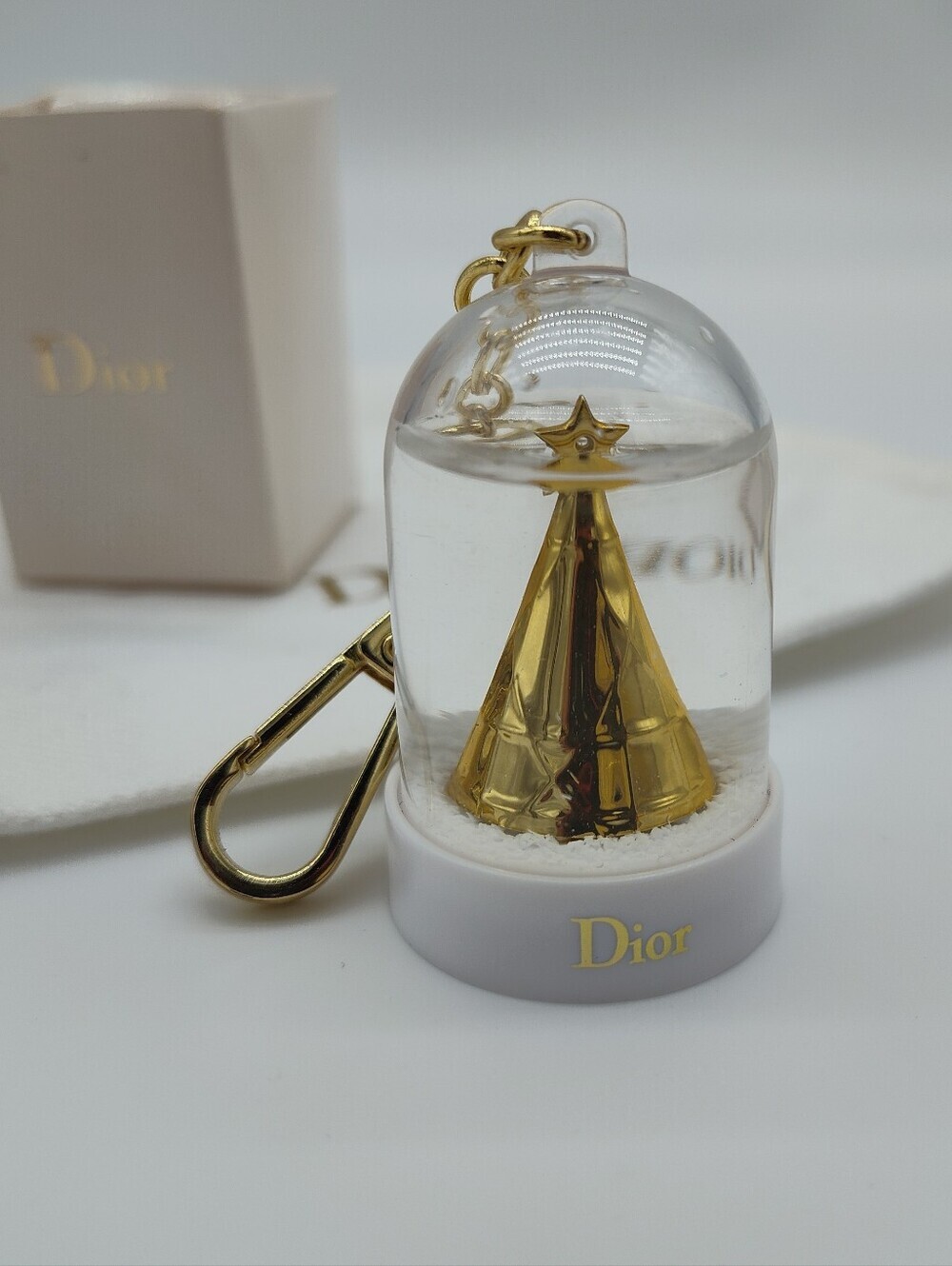 DIOR Snow Globe Keychain Gold Christmas Tree Bag Charm With Dust Bag Japan Rare